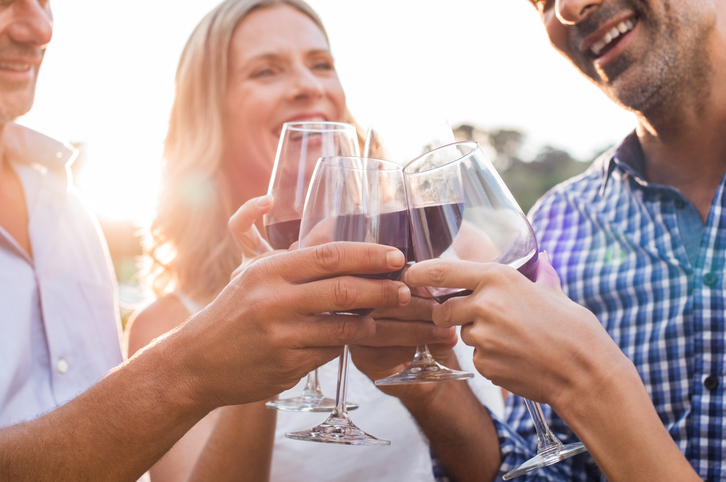 Gruppe reifer Freunde, die während des Sonnenuntergangs im Freien mit Gläsern Rotwein anstoßen. Nahaufnahmen von älteren Männern und Frauen, die mit Wein anstoßen.