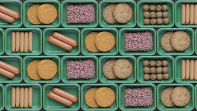 Muster von Tabletts mit vegetarischem pflanzlichem Mockfleisch